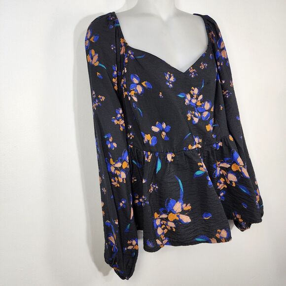 Ava And Viv Womens Top Size X Floral Sweetheart Neck Peplum Puff Sleeve Smocked - Picture 3 of 11